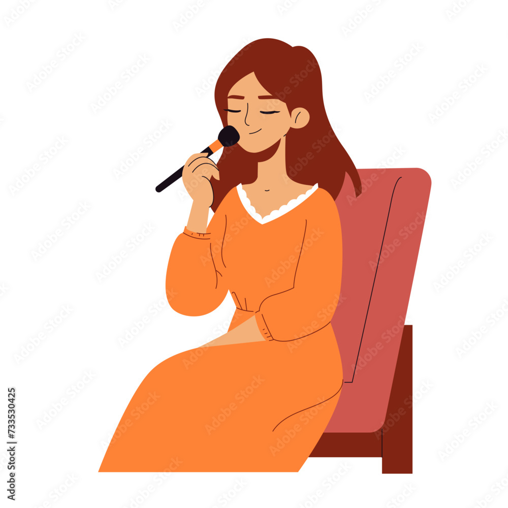 Cute Young Woman doing Make Up, Applying Powder with a brush Cute Young Woman doing Make Up, Applying Powder with a brush
