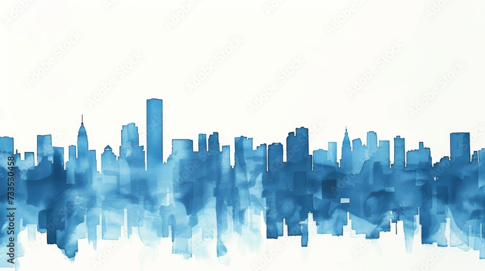Blue city skyline silhouette on white background.