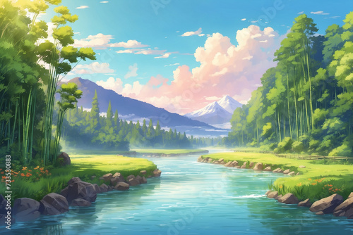 A river with a bamboo forest beside it. In anime style