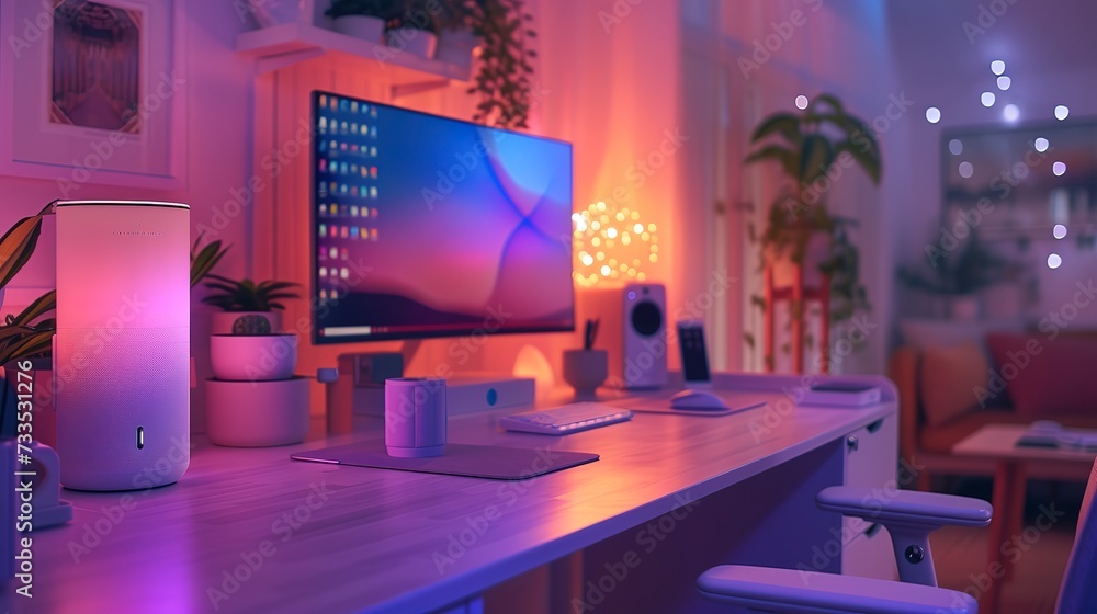 A smart home office setup, where AI assistants optimize lighting, temperature, and schedule management for peak productivity A smart home office setup, where AI assistants optimize lighting, temperature, and schedule management for peak productivity