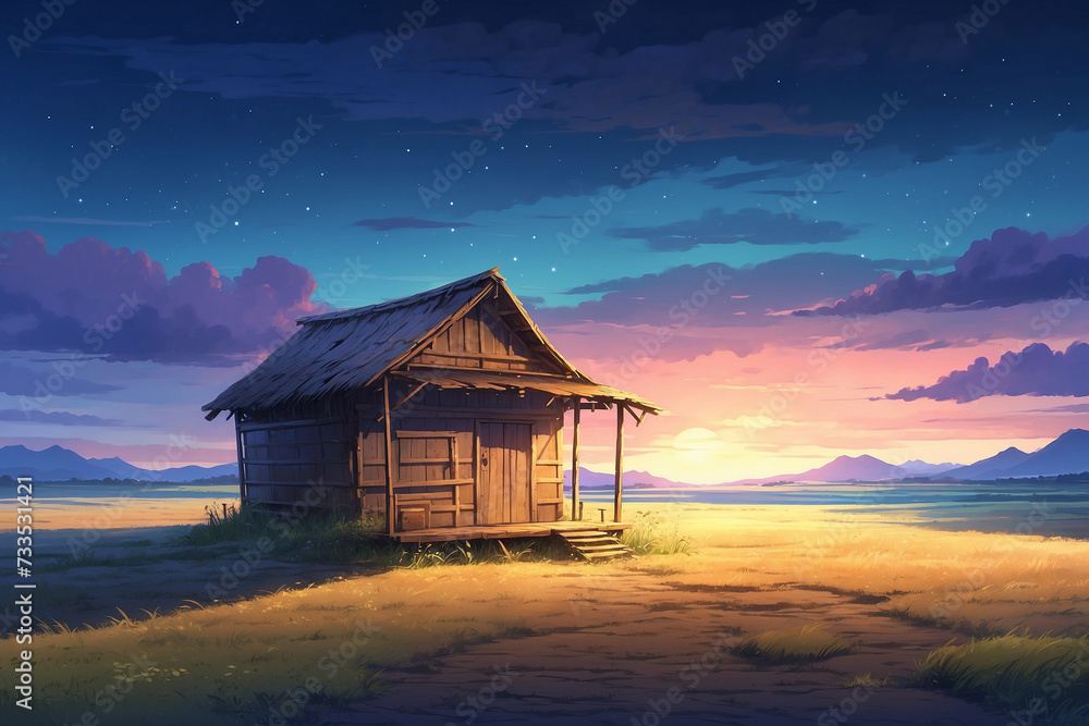 An abandoned hut in the middle of a deserted field at night without people. In Anime style