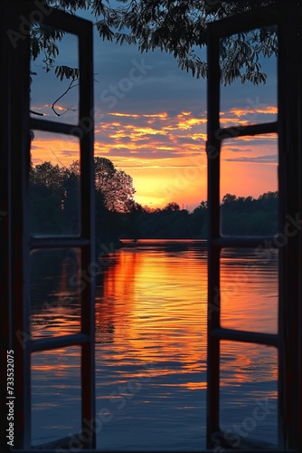 Sunset View from the Window - A Tranquil Evening Scenery, The Beauty of Nature's Colors during Sundown, A Picturesque Landscape at Dusk © Elzerl