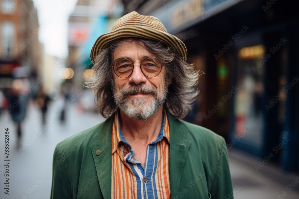 Portrait of a senior man wearing a hat and glasses on a city street. Portrait of a senior man wearing a hat and glasses on a city street.