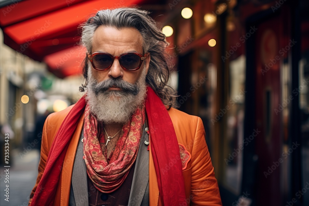 Portrait of a handsome middle-aged man with long gray beard and mustache wearing orange scarf and sunglasses on a city street.