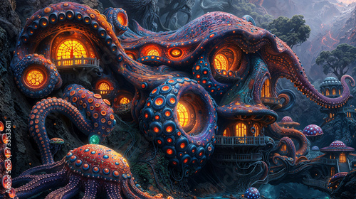 Homes with alien cephalopod sea creature design, octopus architecture, science fiction, landscape, concept art
