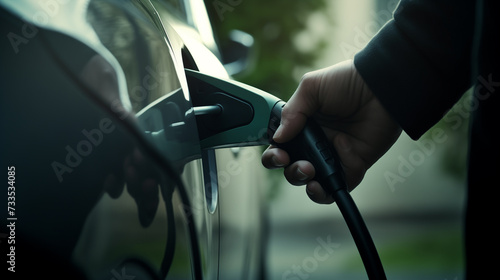 close up of a man's hand plugging charger into his electric car charging port, eco friendly electric vehicle, Environment Sustainability concept 
