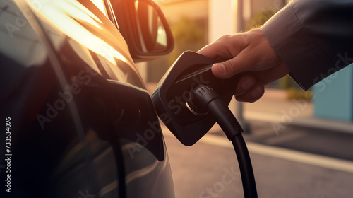 close up of a man's hand plugging charger into his electric car charging port, eco friendly electric vehicle, Environment Sustainability concept 