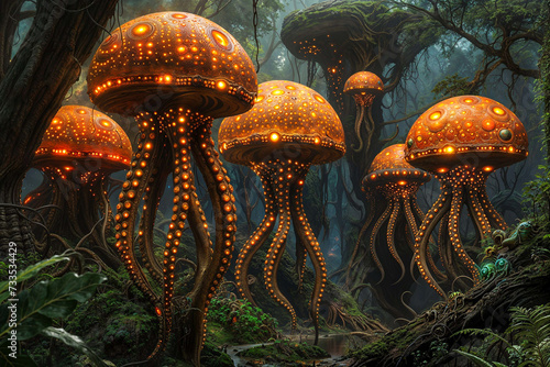 Bioluminescent alien octopus creatures, science fiction, concept art