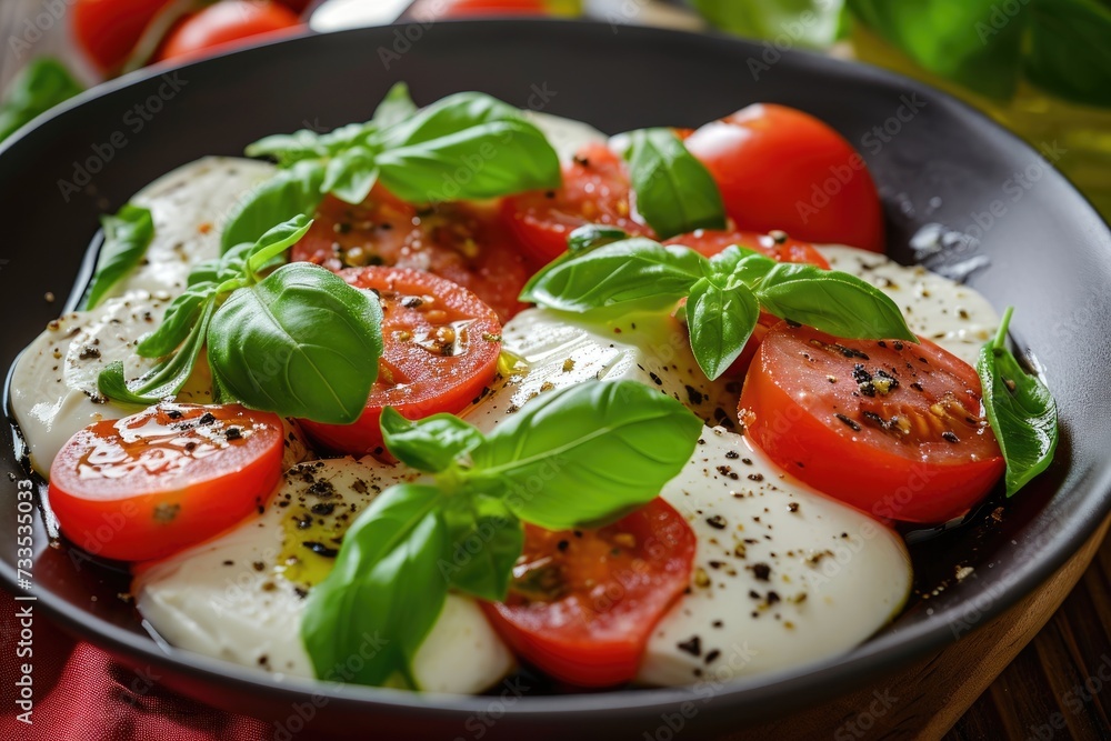 Caprese dish on wooden board. Caprese dish on wooden board.