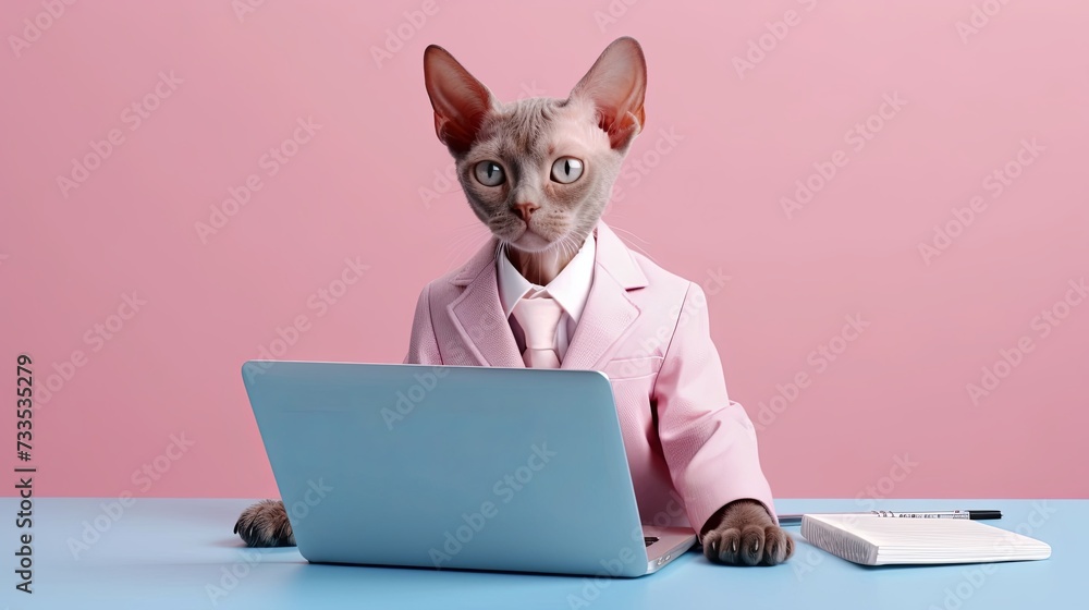 Devon Rex cat in suit using a laptop while working on bright pastel background. advertisement. presentation. commercial. editorial. copy text space.