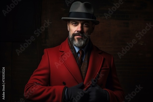 Handsome bearded man wearing a red coat and hat over dark background.