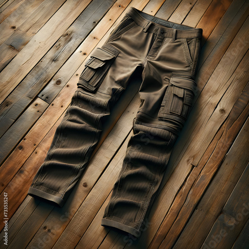 a high angle shot of long cargo pants. The cargo pants are placed on a background of brown wood, emphasizing the texture photo