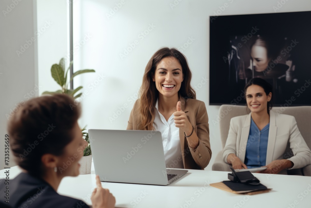 Enthusiastic businesswoman giving a thumbs up during a meeting Enthusiastic businesswoman giving a thumbs up during a meeting