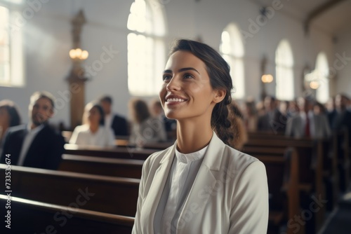 Woman in contemplation during a peaceful church service photo