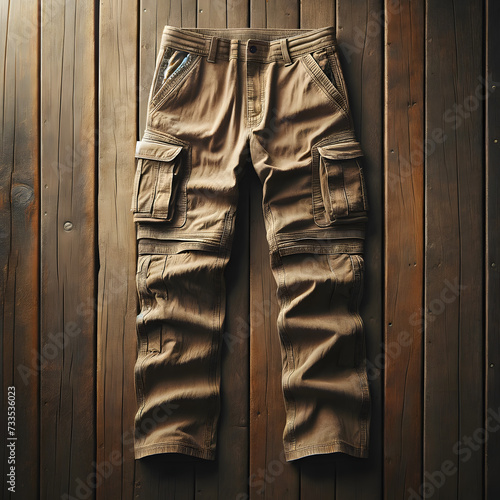 a high angle shot of long cargo pants. The cargo pants are placed on a background of brown wood, emphasizing the texture and details of both the pants photo