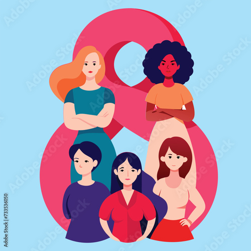 women day Pink-haired girl holds a balloon in a vector illustration, embodying beauty, glamour, and fashion with a touch of sensuality and floral elements