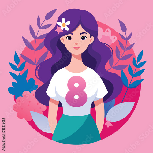 women day Pink-haired girl holds a balloon in a vector illustration, embodying beauty, glamour, and fashion with a touch of sensuality and floral elements
