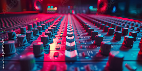 A mixing console for a recording studio in red cinematic studio light.