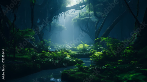 Lush green forest, vibrant green plants in the forest