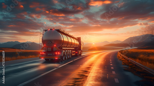 Large fuel tanker. A tanker truck travels on a wet highway reflecting the vibrant sunset skies above rolling hills. Sunset Highway with Reflective Tanker Truck. generative ai photo