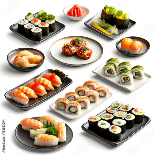 set of Japanese food, sushi on a plate with chopsticks