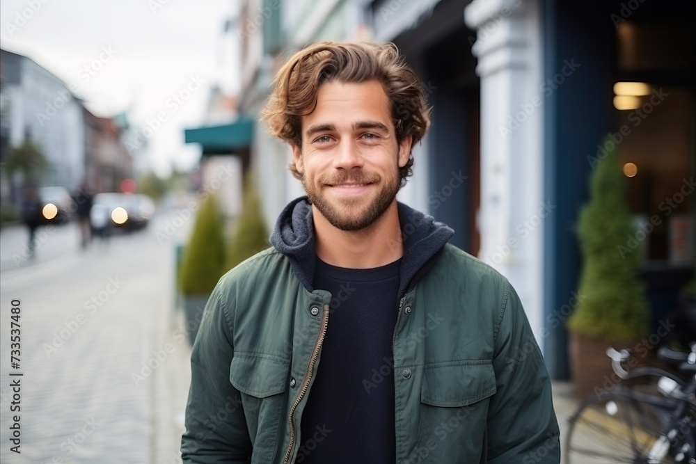 Portrait of a handsome young man smiling at the camera in the city