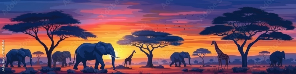 Vibrant Sunset Behind Acacia Trees in African Safari Scene