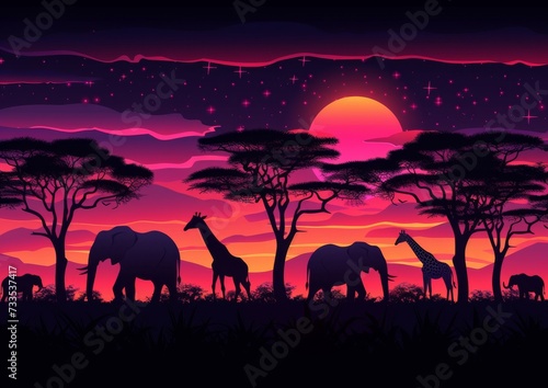 African Safari Scene at Twilight with Wildlife Silhouettes