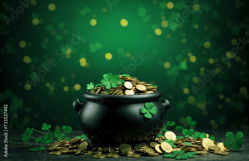 St Patrick's Day hat adorned with symbols of wealth, including money, gold, coins, business, and timeless accessories like clocks and watches, creating a rich and festive concept image
