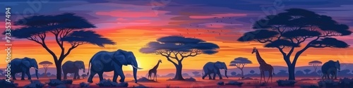 Vibrant Sunset Behind Acacia Trees in African Safari Scene