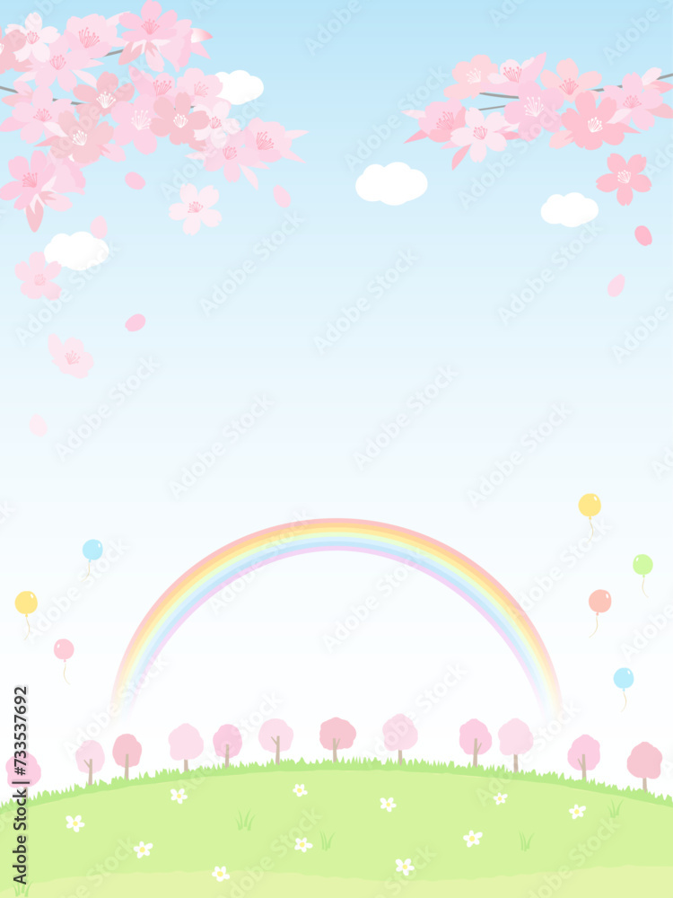 桜と青空と芝生と虹の背景　春の公園
