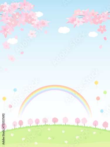 桜と青空と芝生と虹の背景 春の公園 