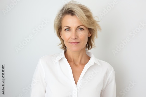 Portrait of a mature businesswoman in a white blouse.