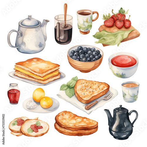 Watercolor of breakfast and coffee set with white background 