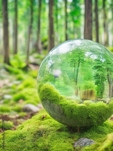 GENERATIVE AI, crystal globe on moss in a forest - environment concept