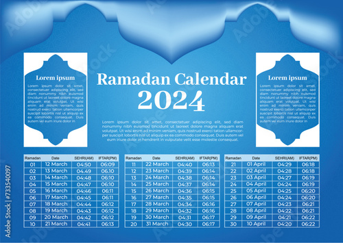 Ramadan Kareem Islamic calendar template and sehri ifter time schedule