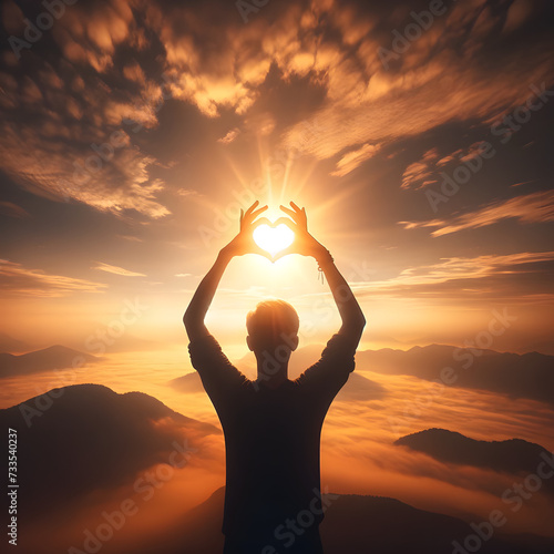 a silhouette of a person standing with their back to the viewer, raising both arms to form a heart shape with their hands against a backdrop of a bright sun