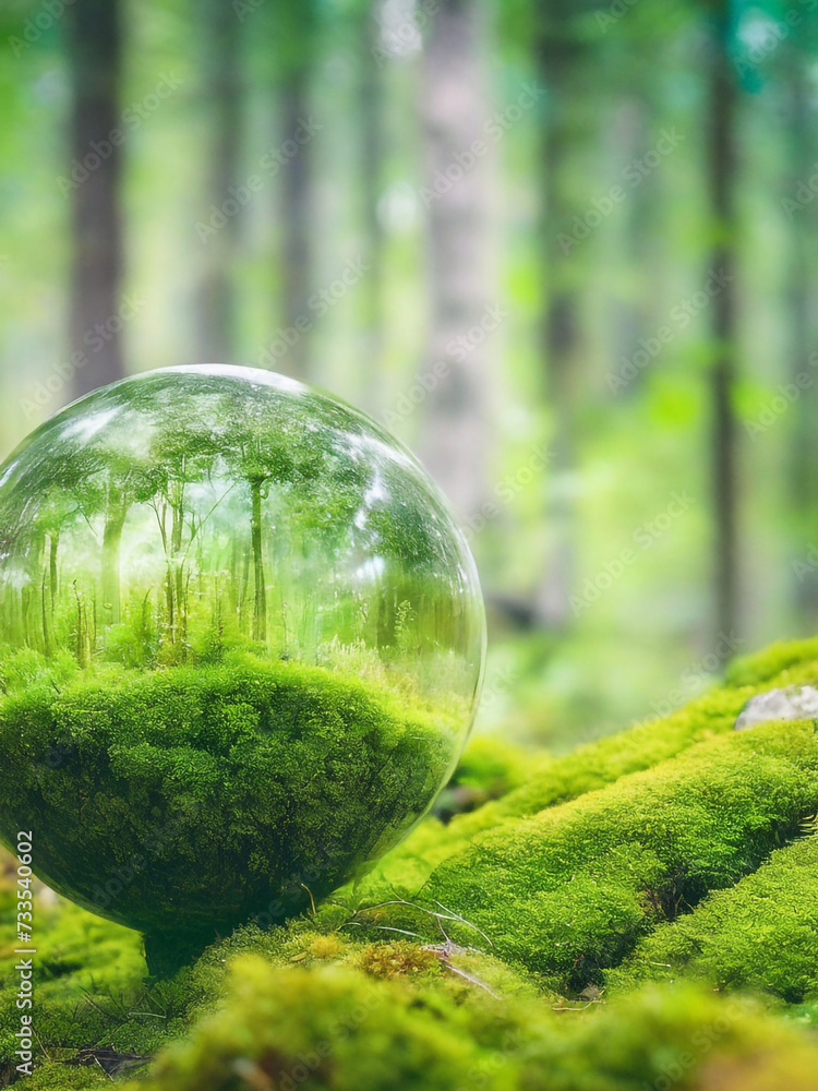 GENERATIVE AI, crystal globe on moss in a forest - environment concept GENERATIVE AI, crystal globe on moss in a forest - environment concept