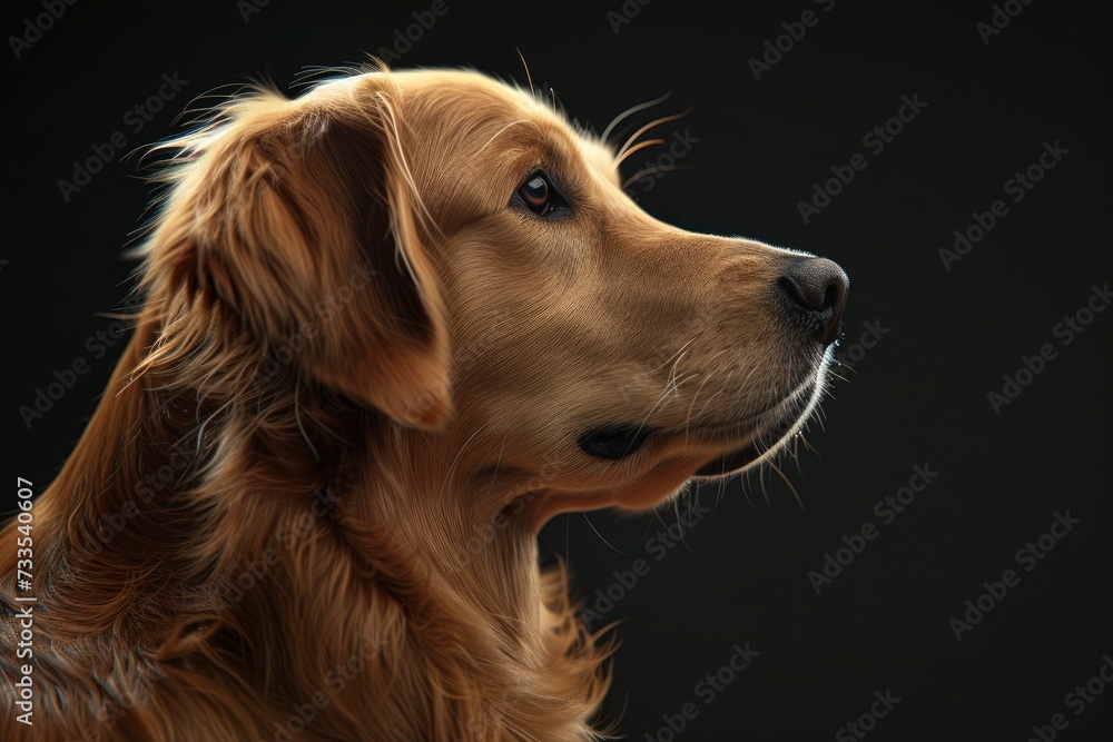 Dog profile portrait on black background - generative ai
