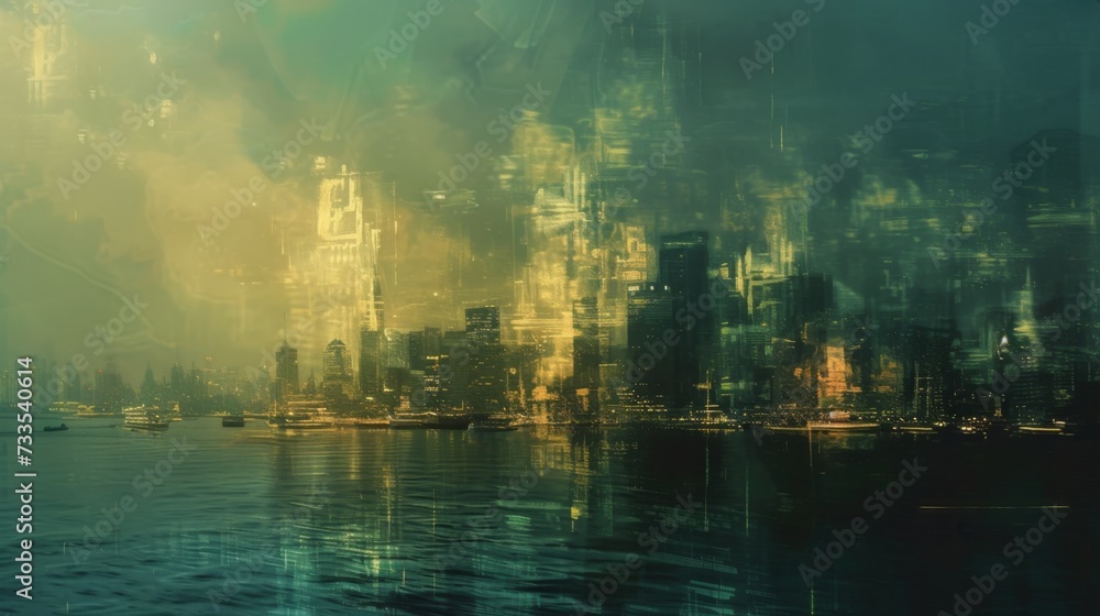 Digital stock background with modern city, ocean and light. Digital stock background with modern city, ocean and light.