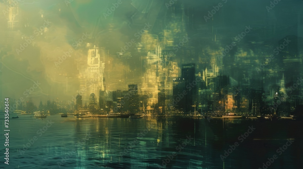 Digital stock background with modern city, ocean and light.