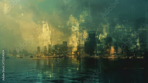 Digital stock background with modern city, ocean and light. © imlane