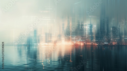 Digital stock background with modern city, ocean and light.