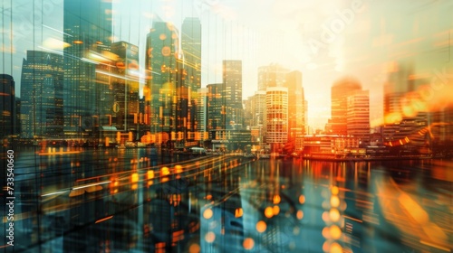 Digital stock background with modern city  ocean and light.