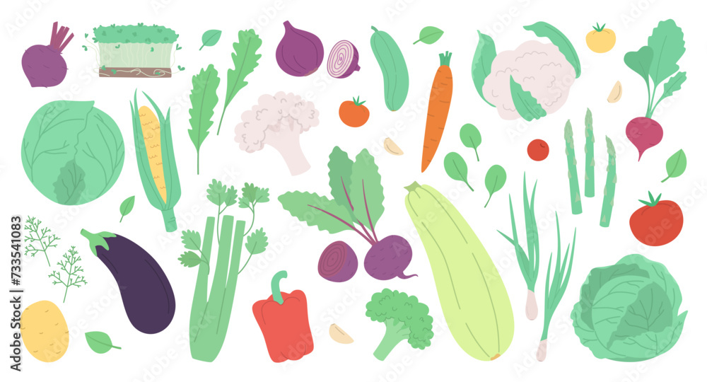 Set of fresh vegetables and herbs isolated on white. Modern vector illustration in a hand drawn style. Set of fresh vegetables and herbs isolated on white. Modern vector illustration in a hand drawn style.