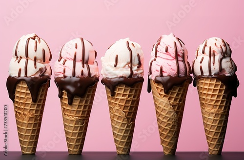 strawberry ice cream in a waffle cone on a pink background