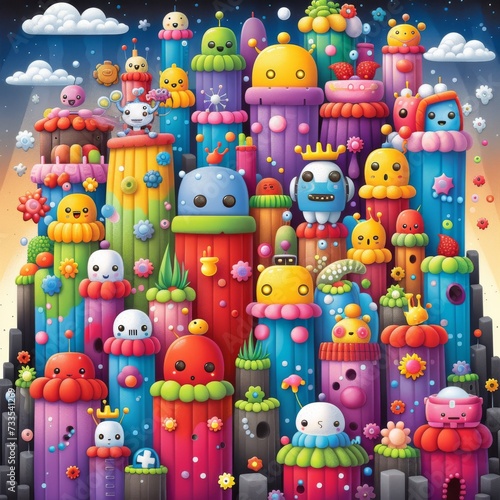 Whimsical Creatures on Colorful Towers in Fantasy Landscape © Ross