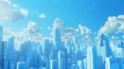 A city skyline made of bluish buildings and blue skies.