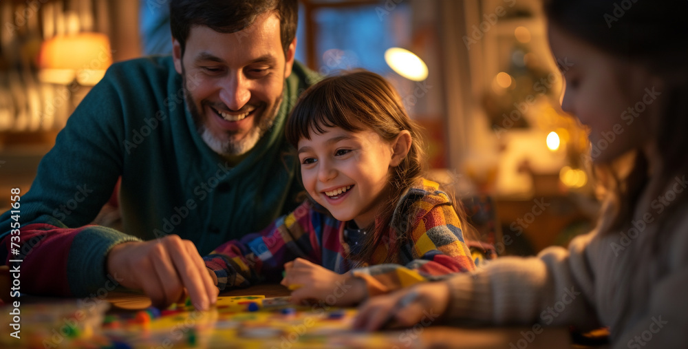 the joy of a family playing board games together on a cozy evening, with smiles, focused expressions, and a warm, homey atmosphere photograph, High-resolution photograph, digital photography the joy of a family playing board games together on a cozy evening, with smiles, focused expressions, and a warm, homey atmosphere photograph, High-resolution photograph, digital photography
