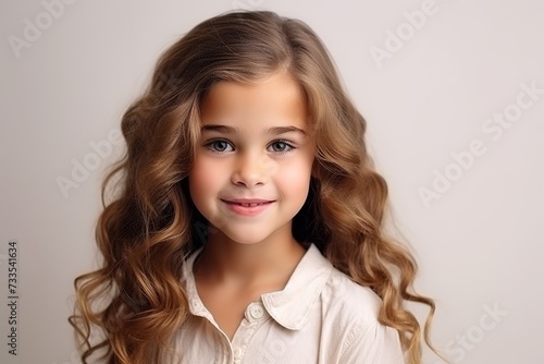 Portrait of a beautiful little girl with long curly hair. Studio shot. © Iigo
